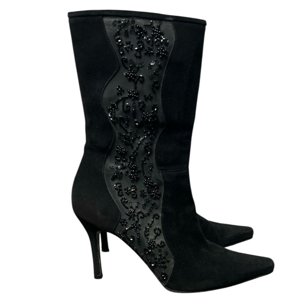 Stuart Weitzman Black Beaded Suede Mid-Calf Pointed Boots Vintage 9.5 Witchycore